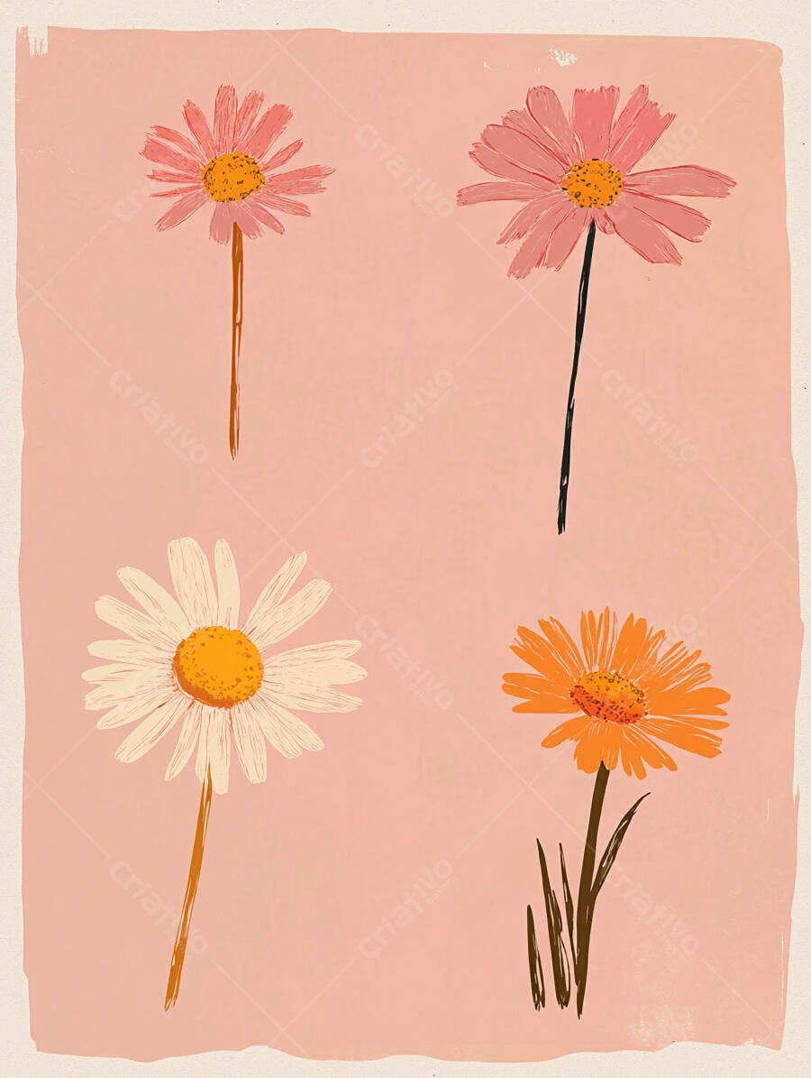 Quatro flores coloridas margaridas ilustração em fundo rosa pastel