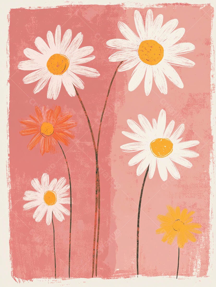 Margaridas coloridas em fundo rosa pastel ilustração vintage