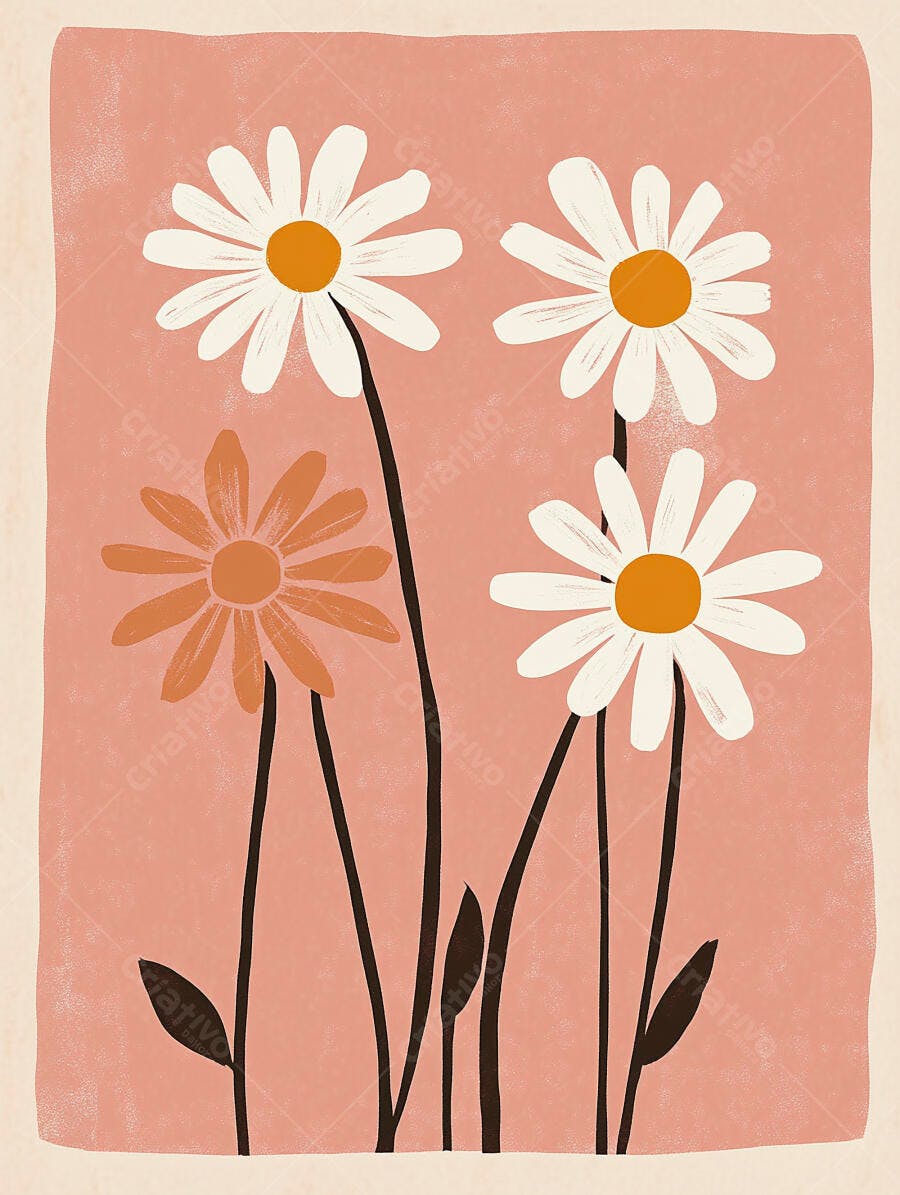 Flores margaridas brancas e laranjas ilustradas em fundo rosa texturizado