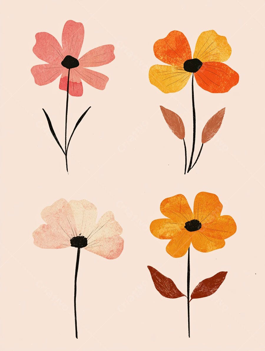 Flores cor-de-rosa e laranja estilizadas com textura em fundo claro minimalista