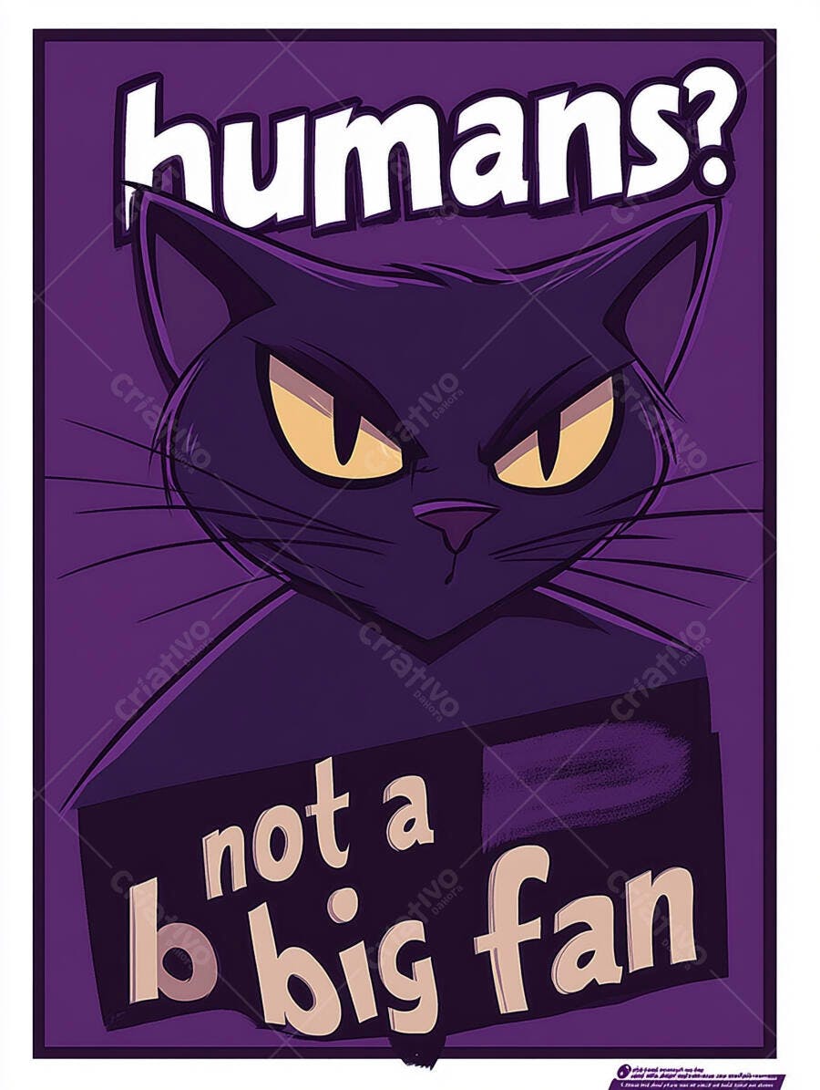 Gato preto bravo com olhos amarelos em ilustração roxa "not a big fan"