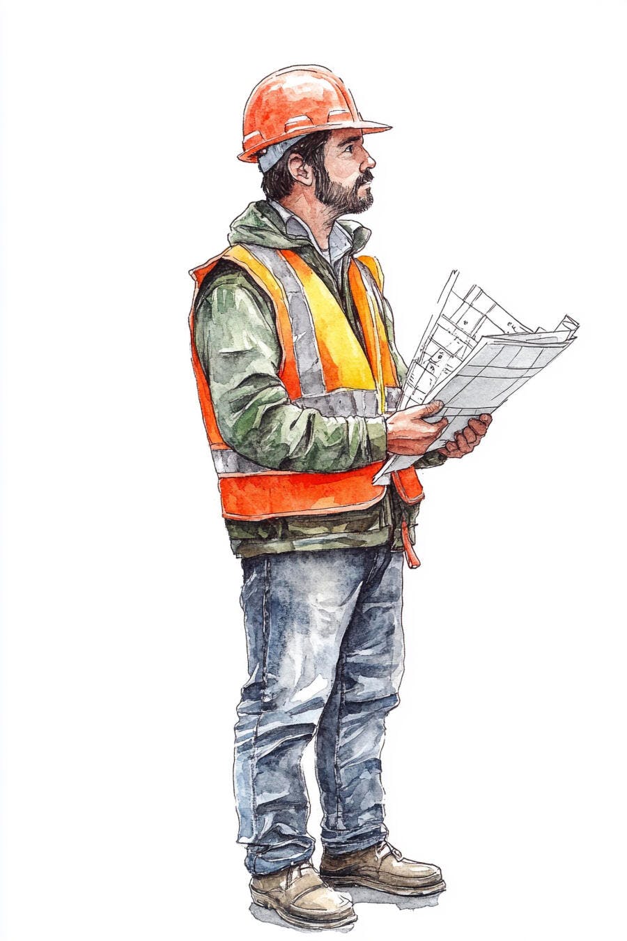 Engenheiro barbudo com capacete laranja colete de segurança e plantas de projeto