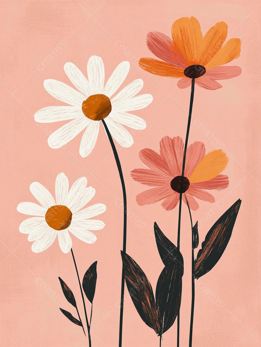 Ilustração floral vibrante com margaridas brancas e laranjas