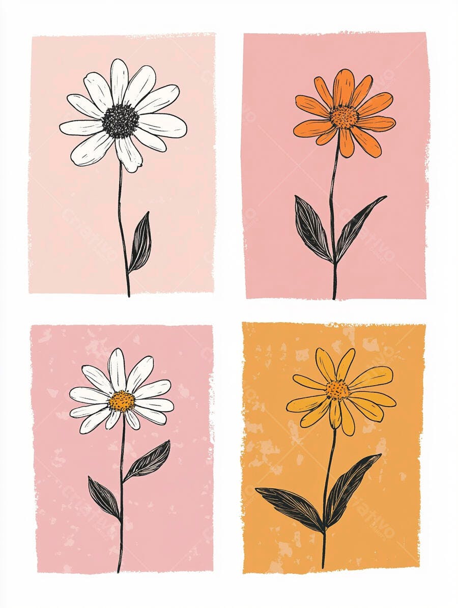 Flores desenhadas à mão em tons de rosa e laranja ilustração