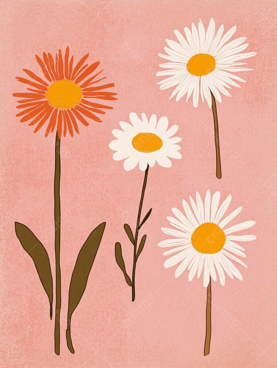Ilustração de margaridas e flor laranja em fundo rosa pastel minimalista