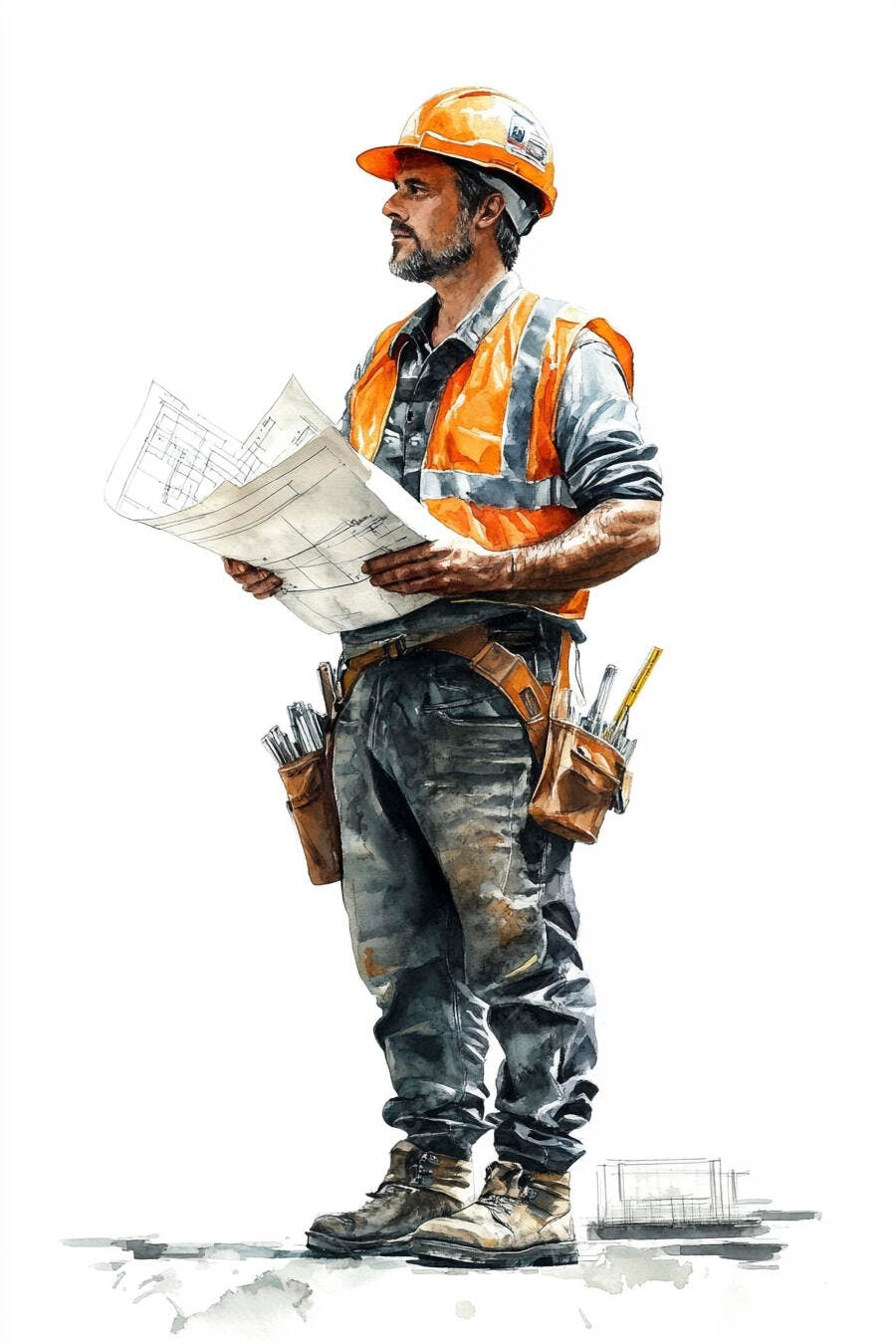 Homem trabalhador da construção civil com capacete laranja e planos de projeto