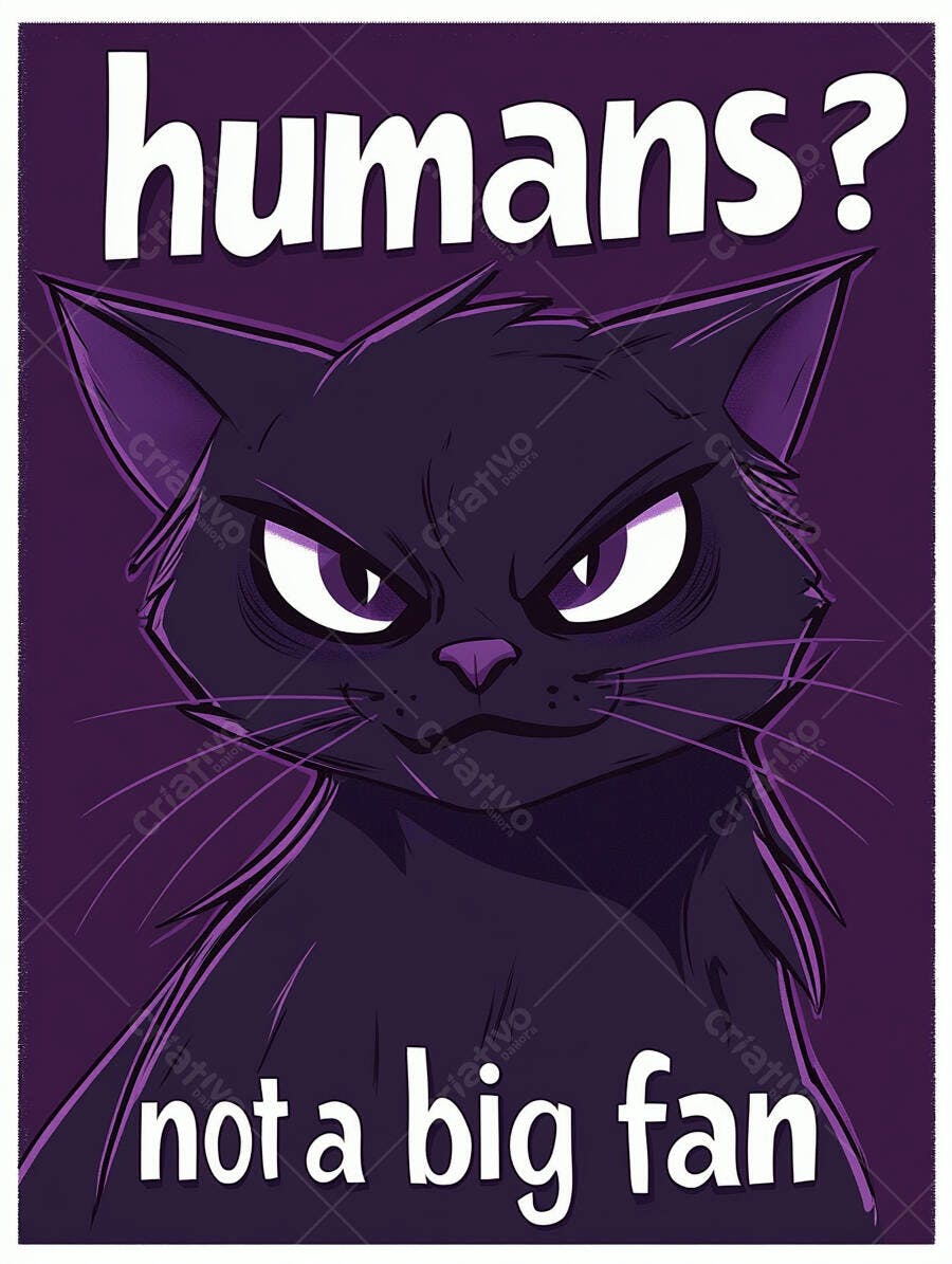 Gato preto rabugento com olhos roxos e frase "humans? not a big fan" ilustração