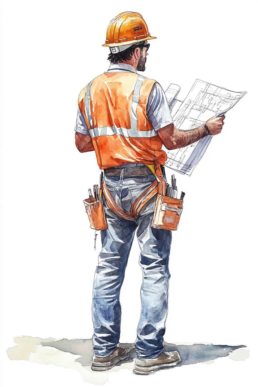 Homem trabalhador da construção civil de capacete e jaleco laranja lendo planta