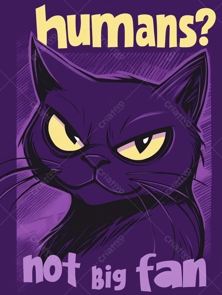 Gato preto resmungão de olhos amarelos em ilustração roxa "not big fan"