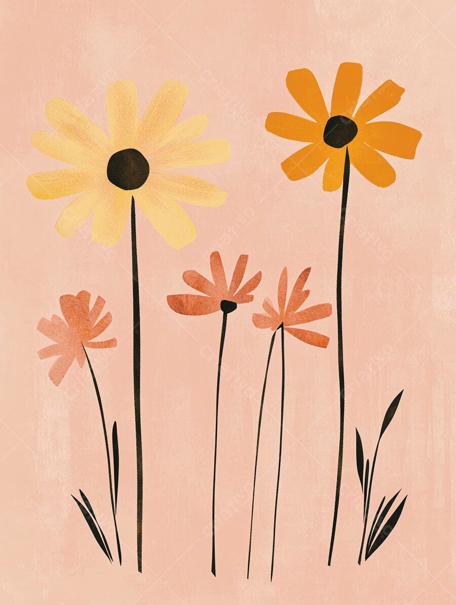 Flores abstratas amarelas e laranja em fundo rosa pastel arte digital