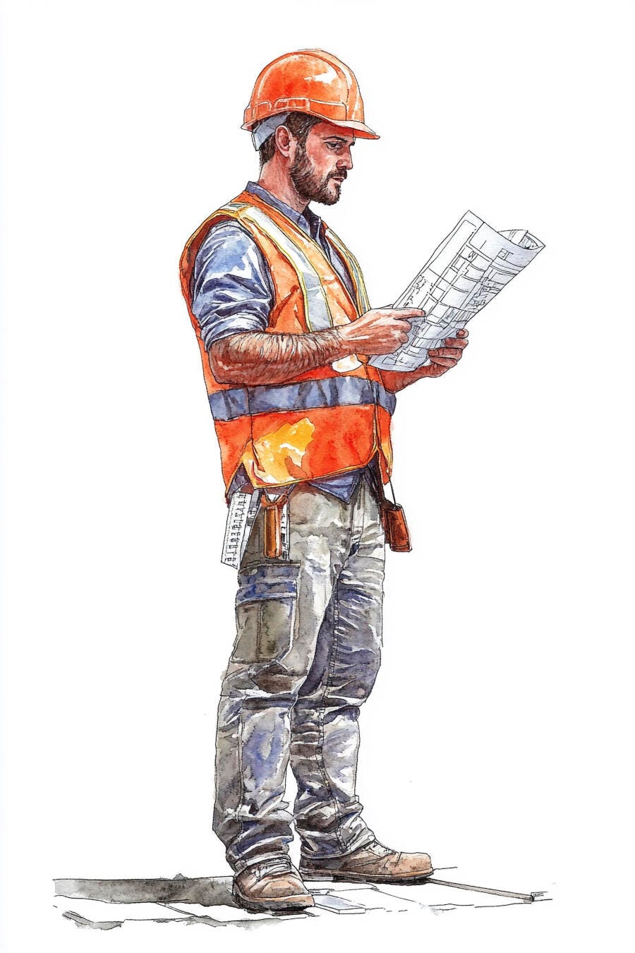 Homem engenheiro de construção lendo planta em aquarela