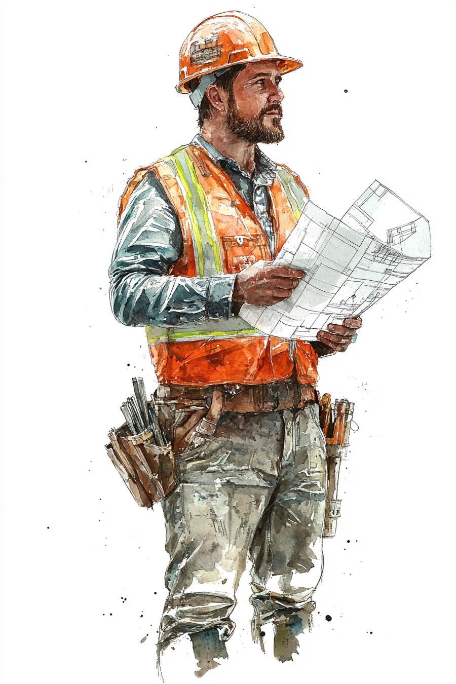 Homem trabalhador da construção com capacete laranja e plantas de projeto aquarela