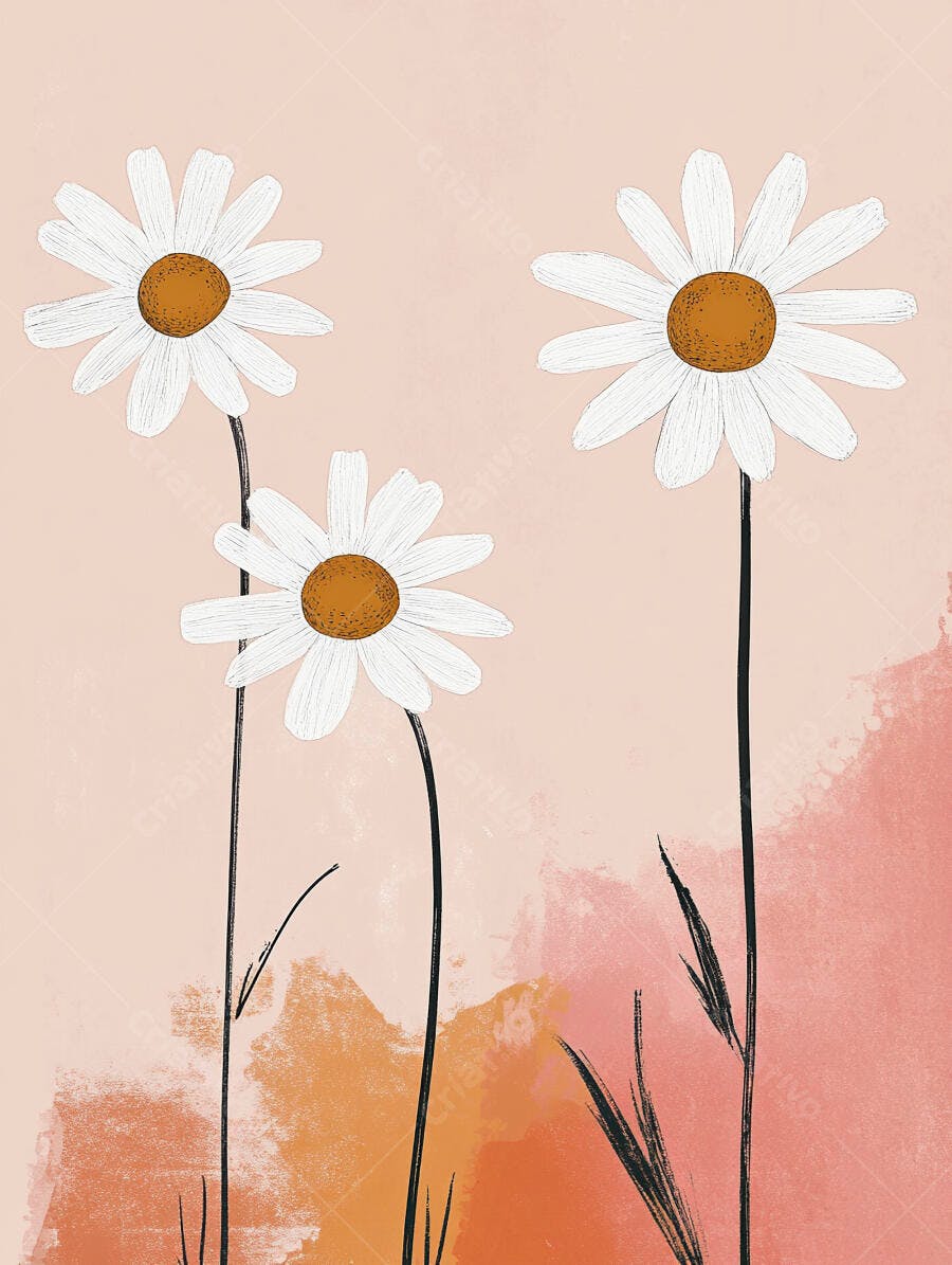 Margaridas brancas ilustração três flores em fundo abstrato rosa pêssego