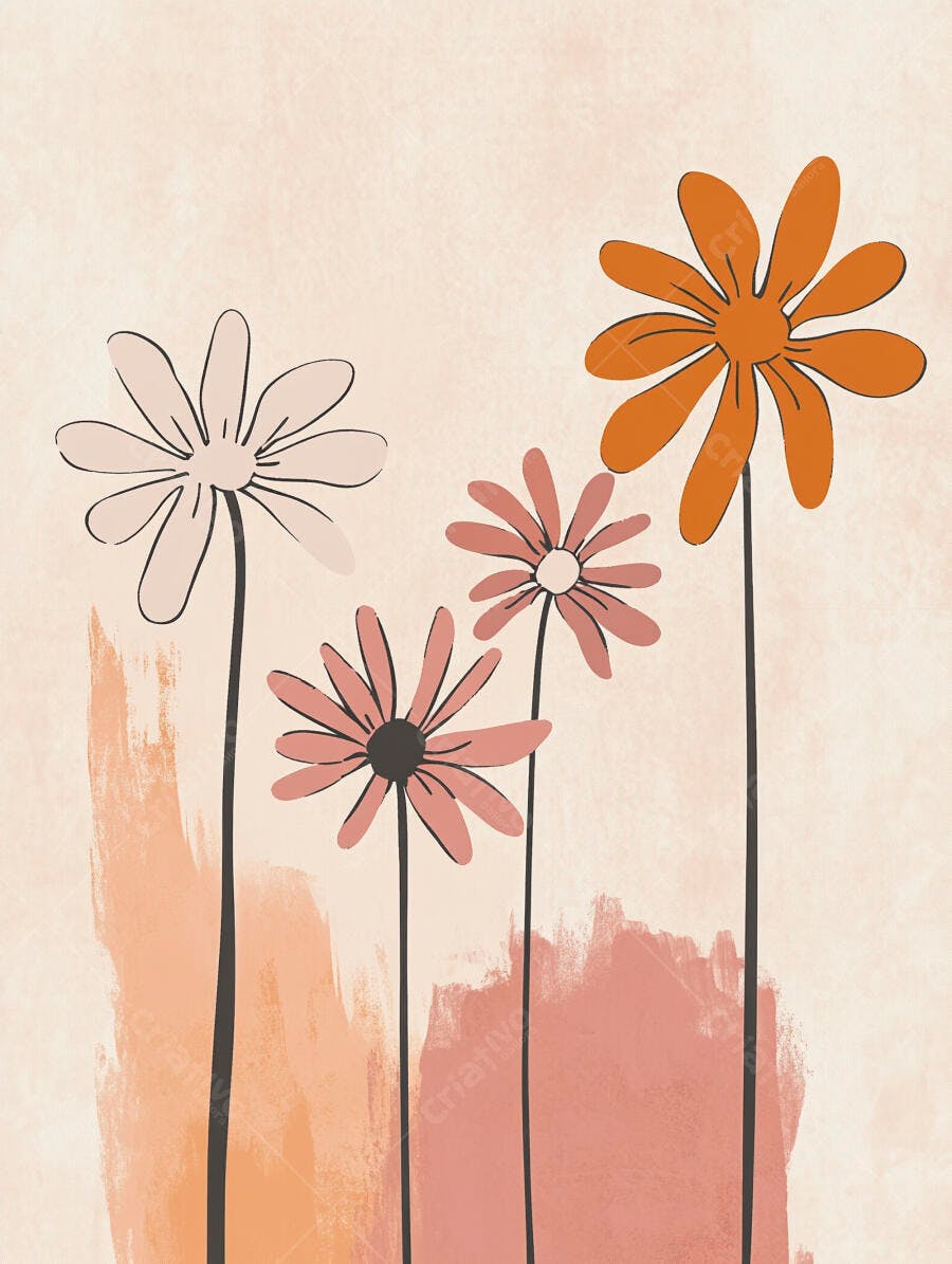 Flores minimalistas rosa e laranja com fundo abstrato estilo boho