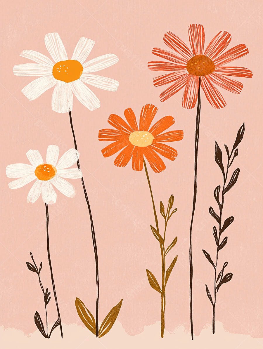 Ilustração minimalista de margaridas brancas e laranjas em fundo rosa