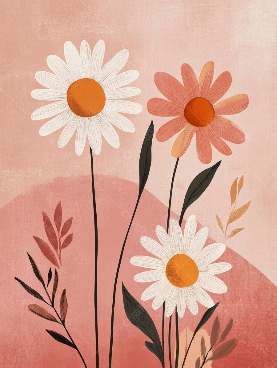 Flores margaridas brancas e pêssego em ilustração botânica abstrata suave