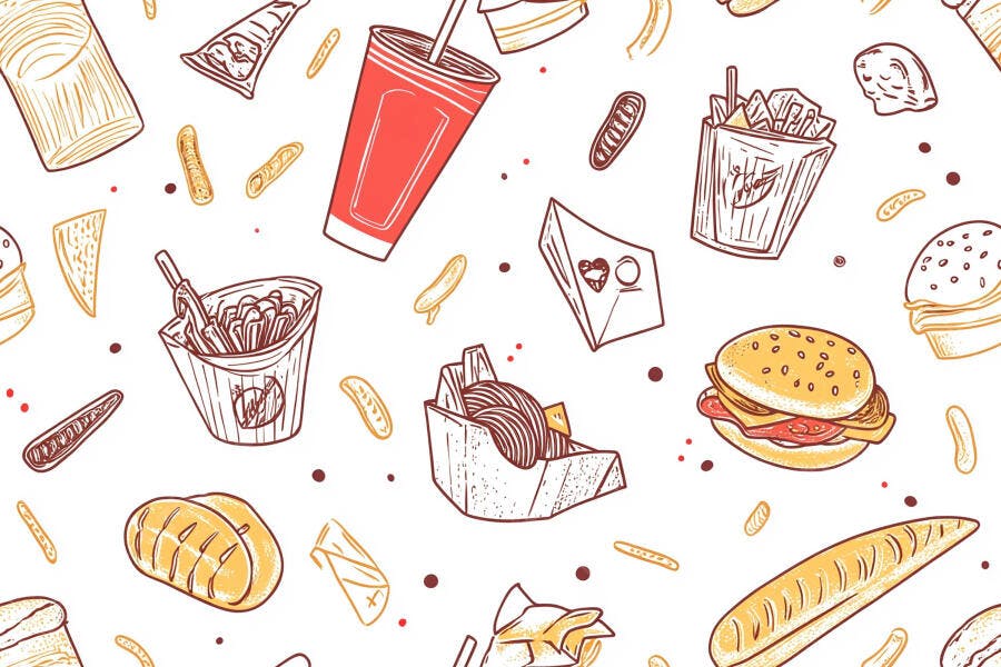 Padrão de comida rápida ilustração com hambúrgueres e batatas fritas desenhados à mão