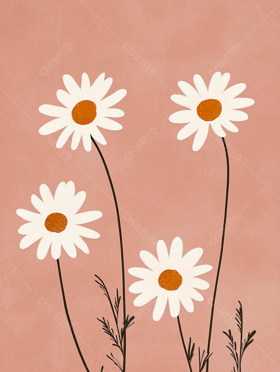 Margaridas brancas com centro laranja ilustração minimalista fundo rosa