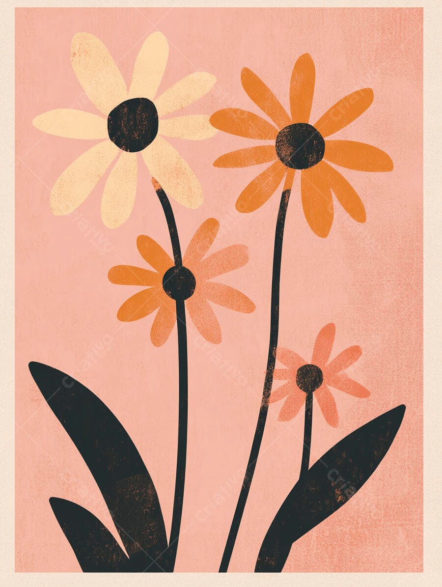 Flores margaridas em tons terracota e creme com fundo rosa abstrato