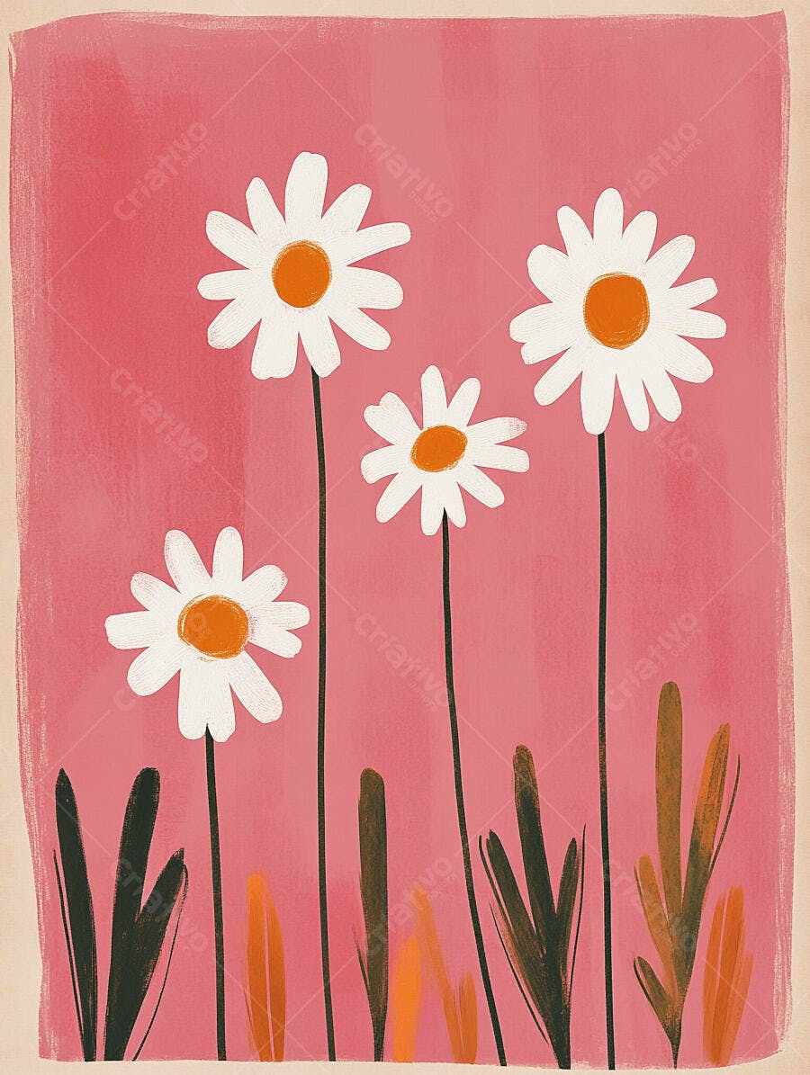 Margaridas brancas com miolo laranja ilustração em campo rosa
