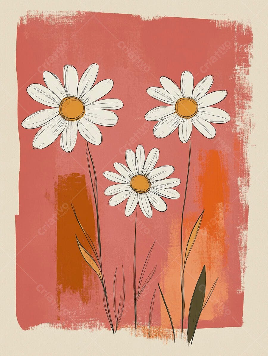 Margaridas brancas e amarelas em ilustração minimalista com fundo coral