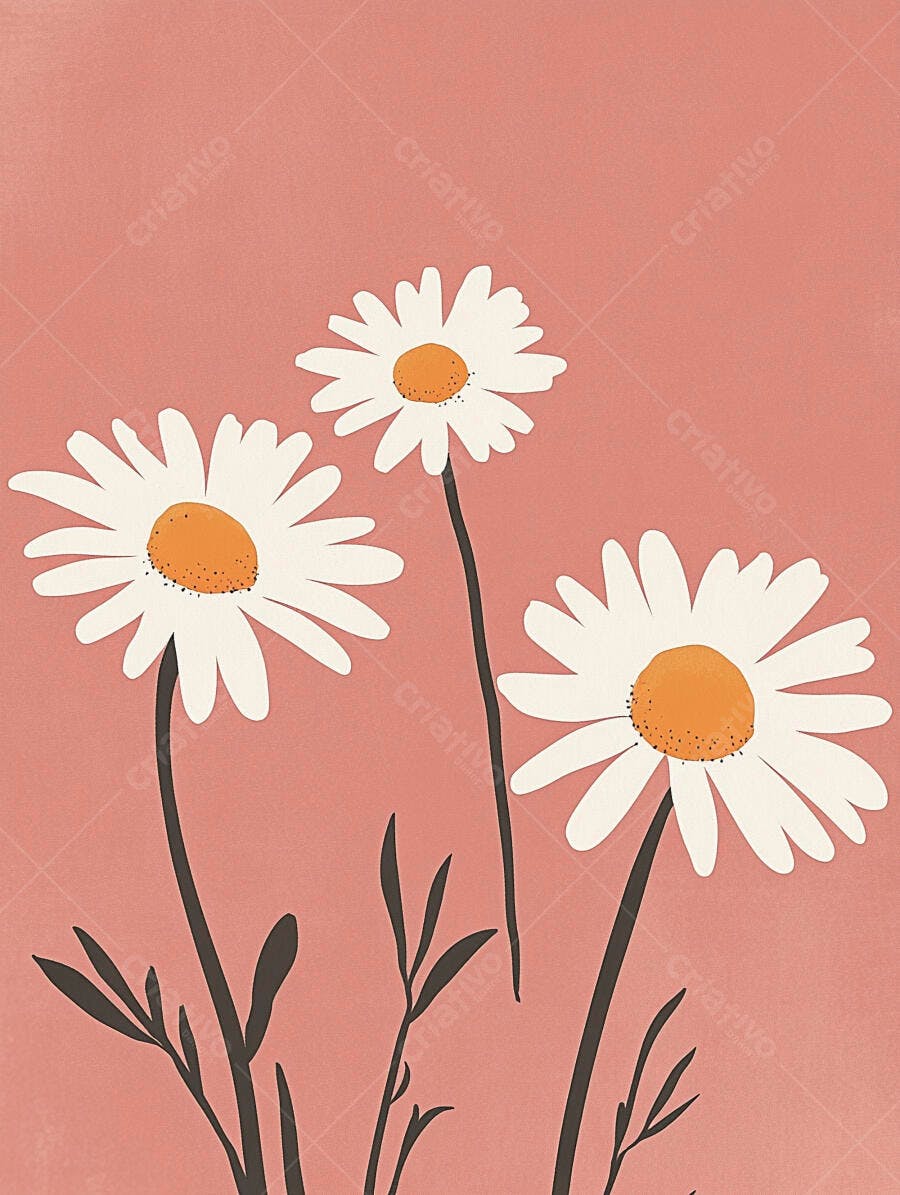 Três margaridas brancas miolo laranja em fundo rosa suave ilustração