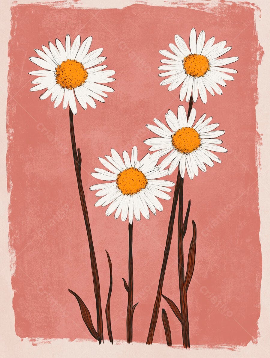 Quatro margaridas brancas miolo laranja em ilustração rústica fundo rosa