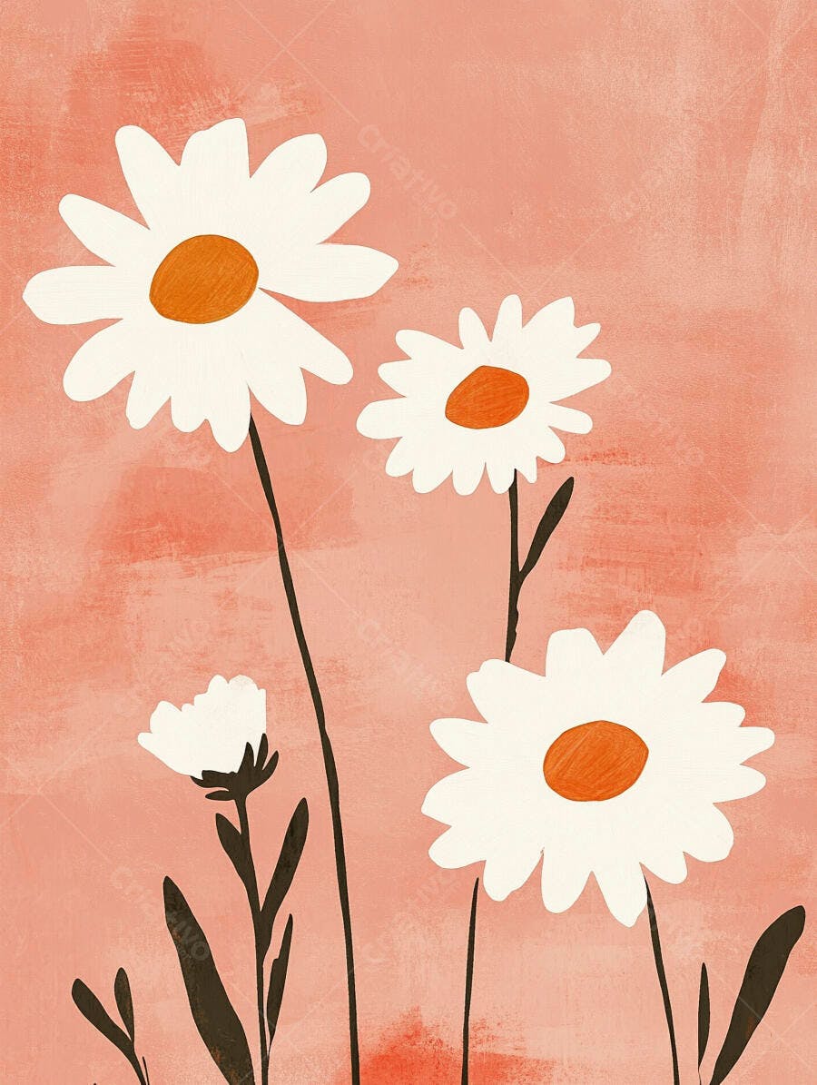 Margaridas brancas com miolo laranja sobre fundo coral ilustração minimalista