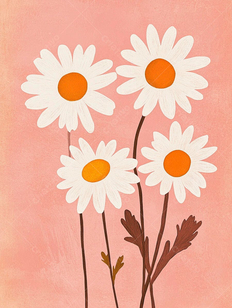 Margaridas brancas ilustradas em fundo rosa claro com caules e folhas marrons