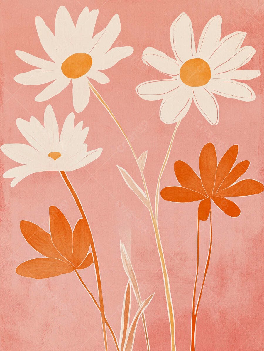 Flores brancas e laranjas em fundo rosa pastel ilustração botânica