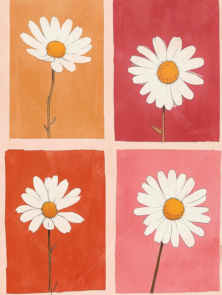 Quatro margaridas ilustradas com fundos coloridos arte minimalista