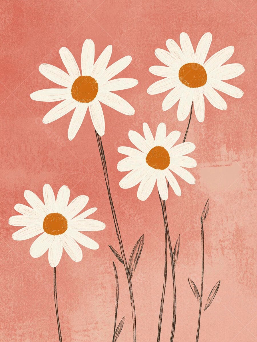 Margaridas brancas com miolo laranja em ilustração rosa texturizada
