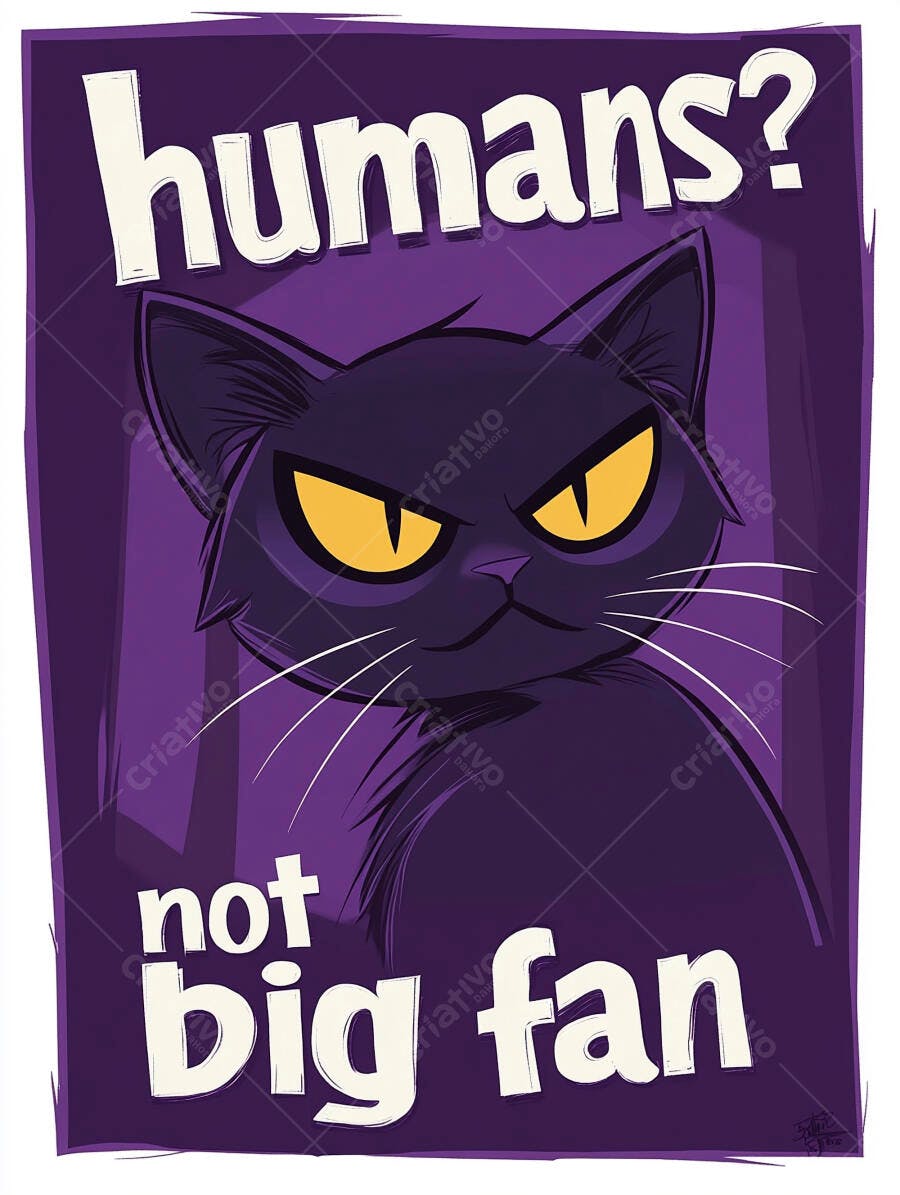 Gato preto de olhos amarelos irritado em ilustração roxa com humor sobre humanos