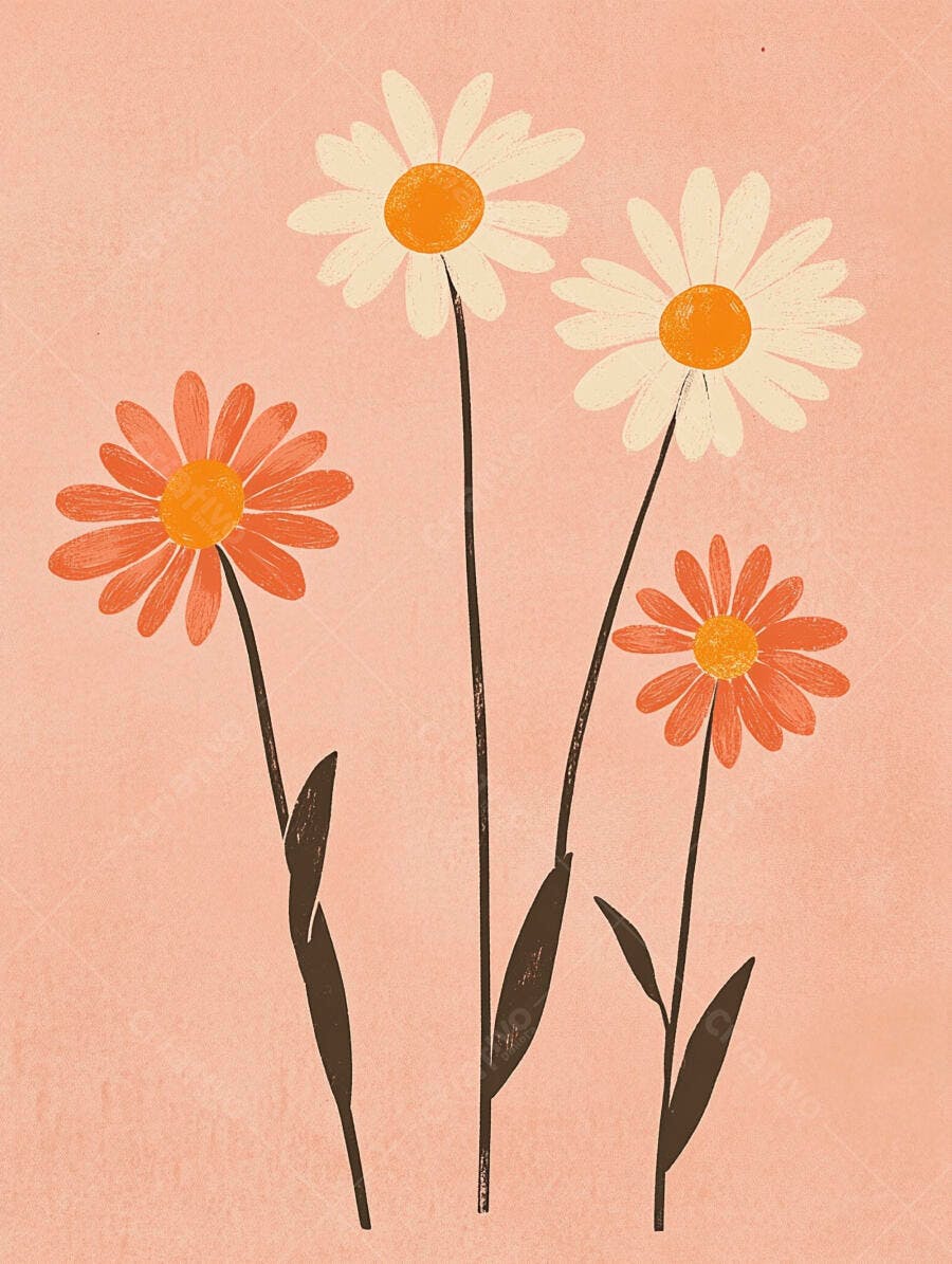 Ilustração floral margaridas brancas e laranjas em fundo pêssego