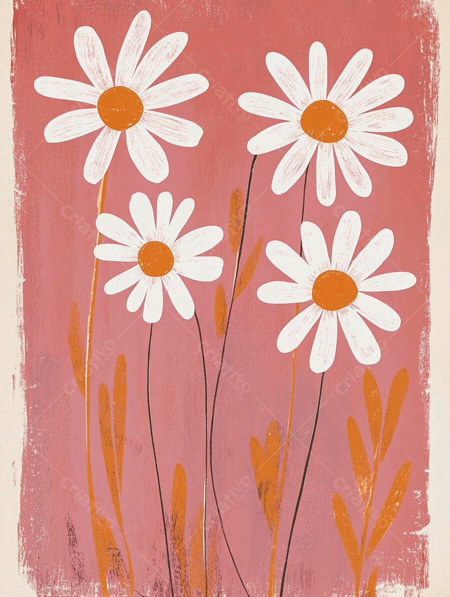 Quatro margaridas brancas com miolo laranja em fundo rosa ilustrado