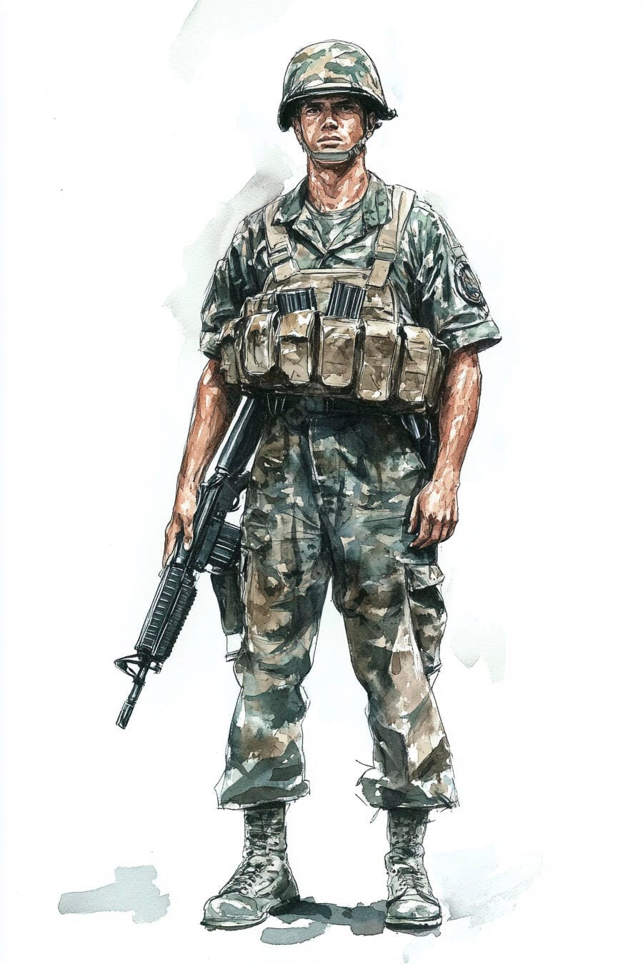 Soldado militar masculino em uniforme camuflado com rifle em aquarela