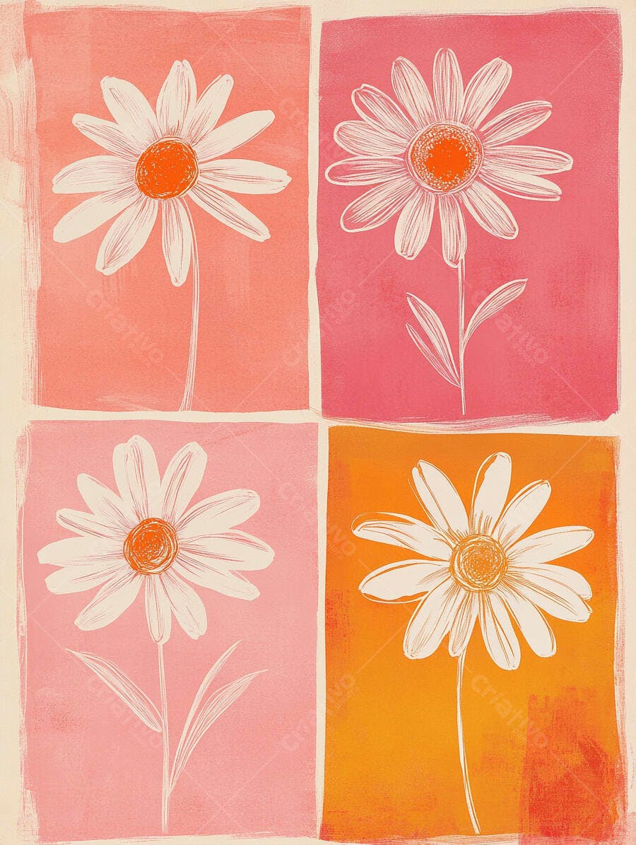 Margaridas brancas ilustradas em fundo rosa e laranja com textura retrô