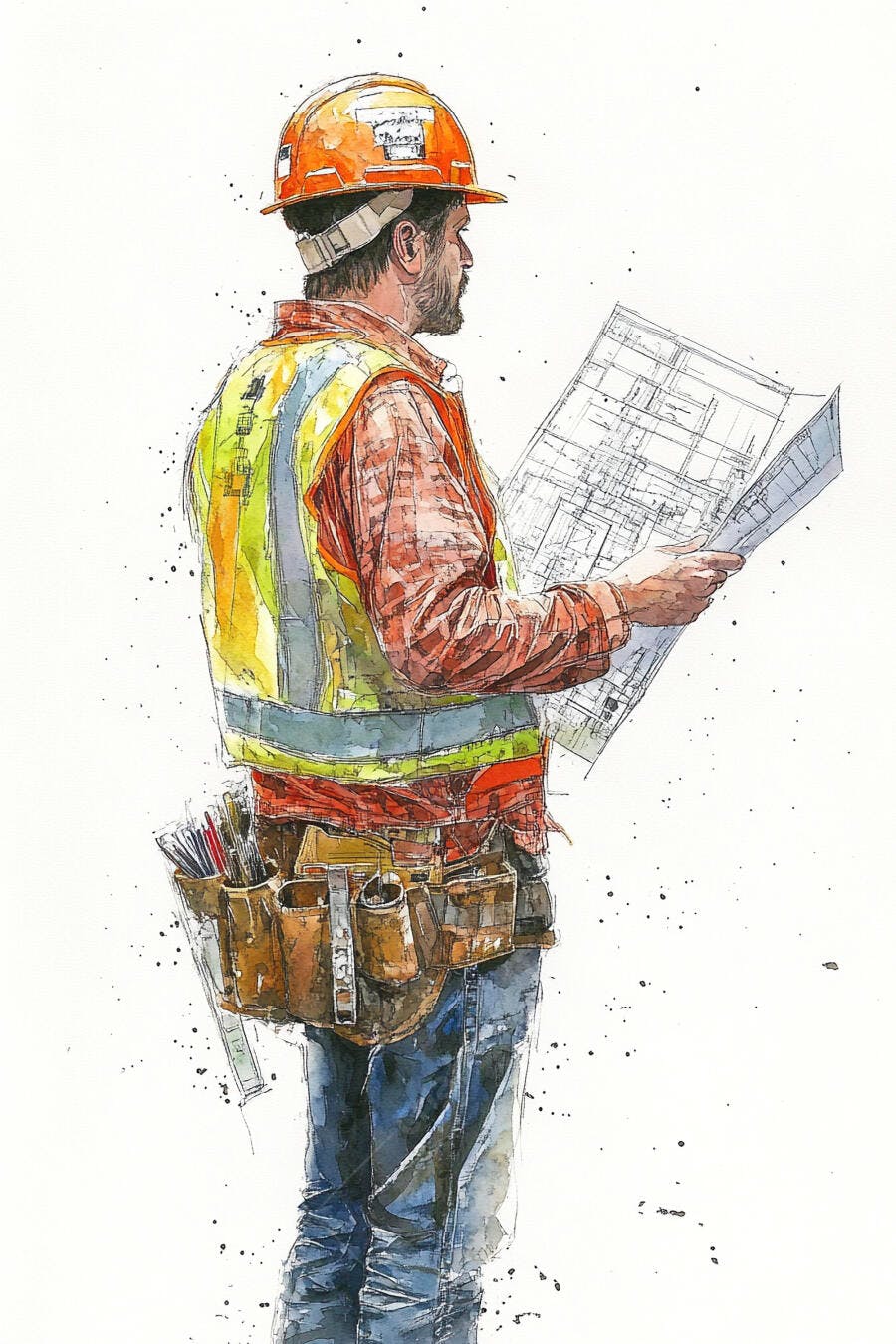 Homem engenheiro com capacete e colete lendo plantas de construção aquarela