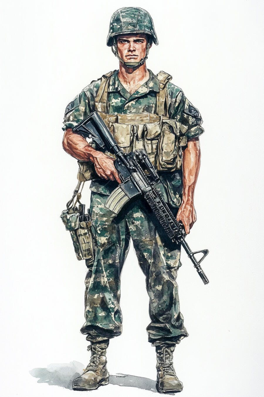 Militar homem em uniforme camuflado com fuzil pronto para ação