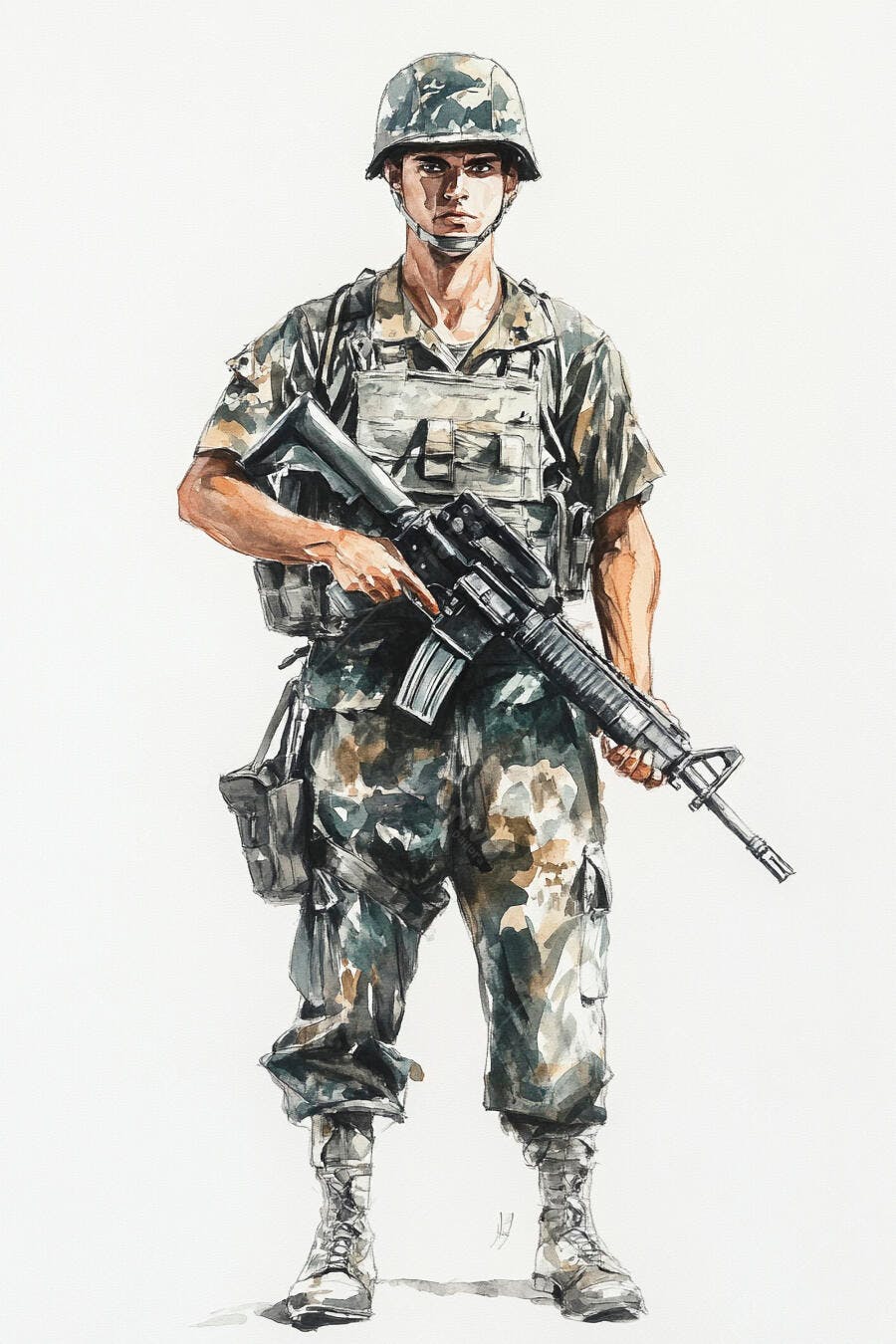 Soldado masculino em uniforme camuflado segurando rifle em aquarela