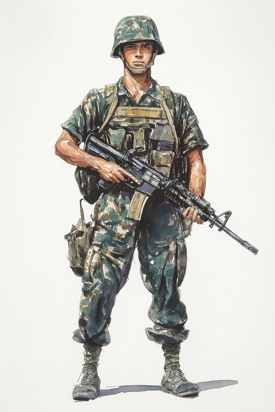 Soldado militar com uniforme camuflado e rifle em ilustração aquarela