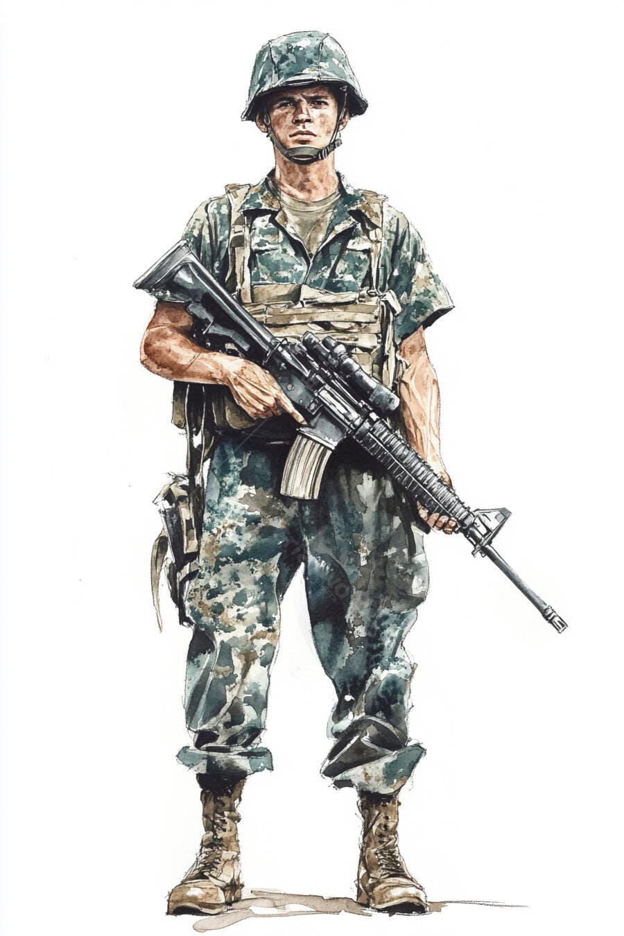 Soldado militar em uniforme camuflado com fuzil ilustração aquarela