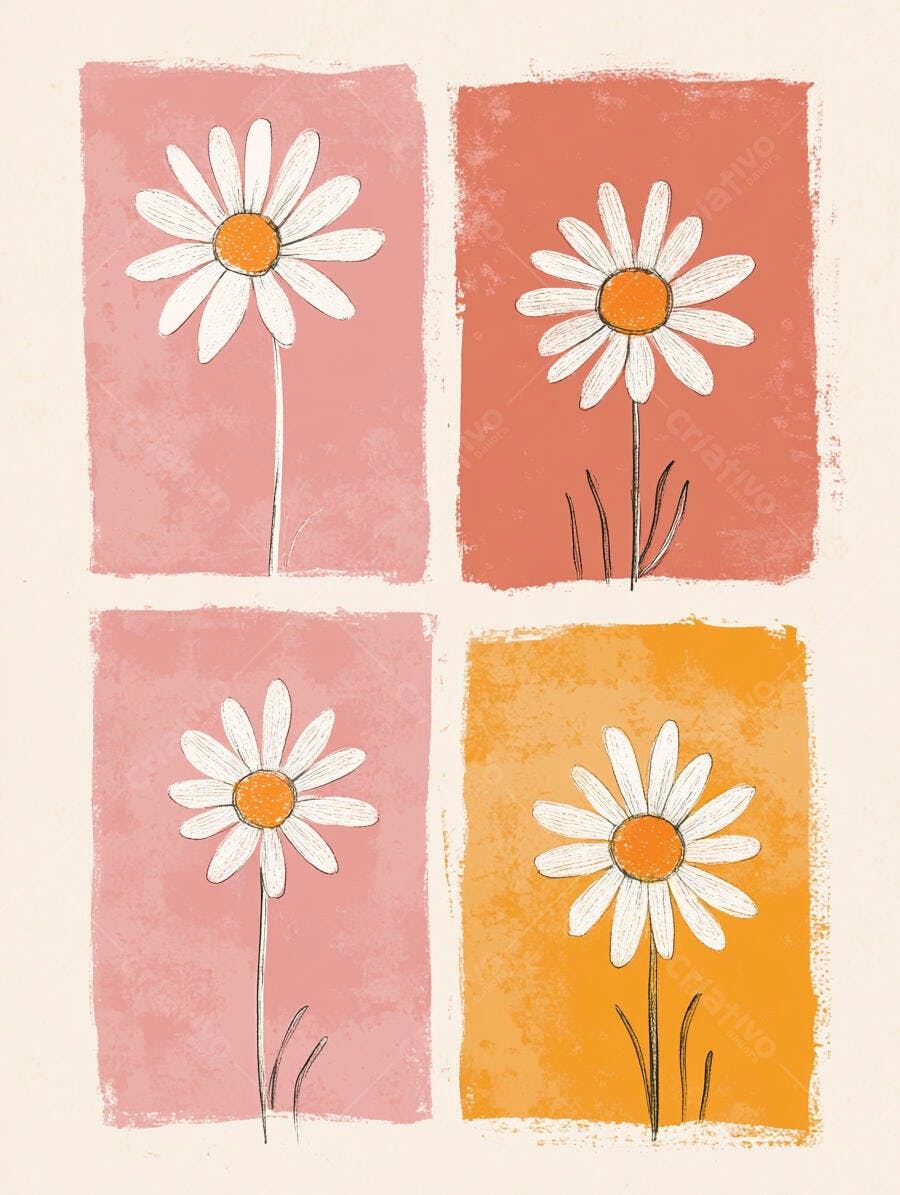 Quatro margaridas brancas em painéis coloridos estilo retrô