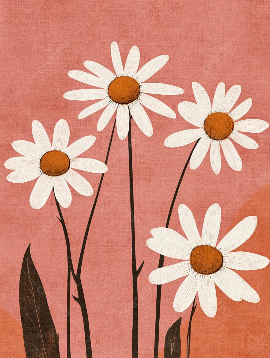 Quatro margaridas brancas ilustradas em fundo rosa salmão texturizado