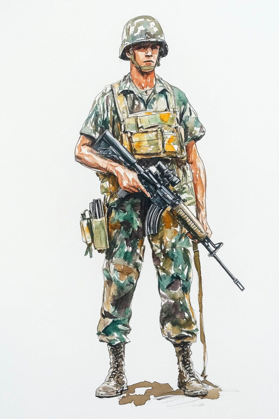 Soldado homem caucasiano em uniforme camuflado com fuzil ilustração aquarela