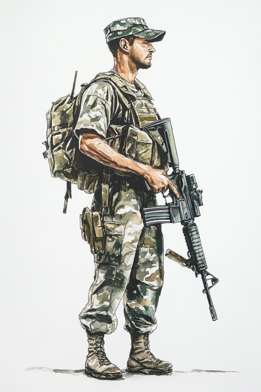Soldado homem barba uniforme camuflado e rifle ilustração militar em tons de verde