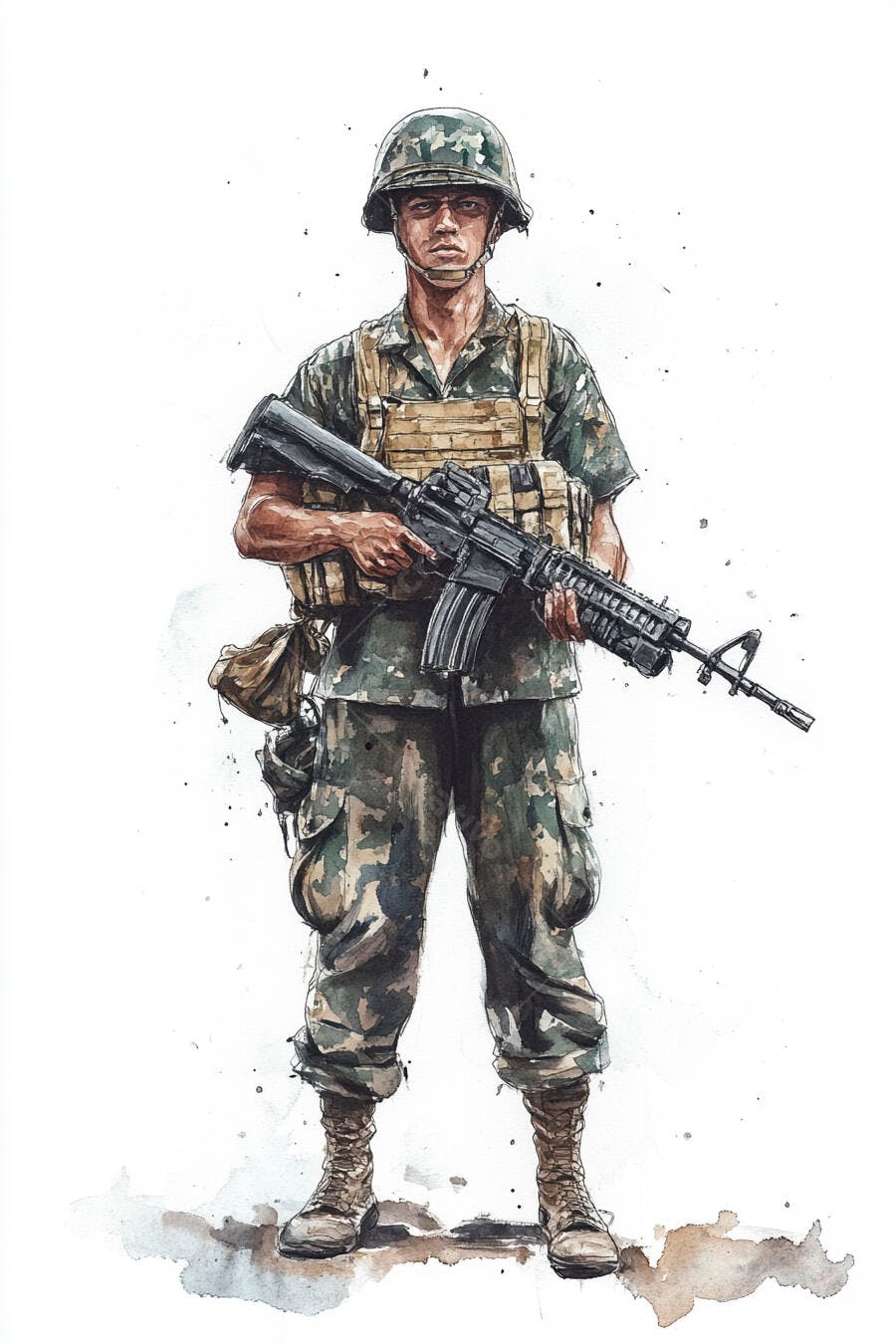 Soldado asiático fardado com fuzil em ilustração aquarela