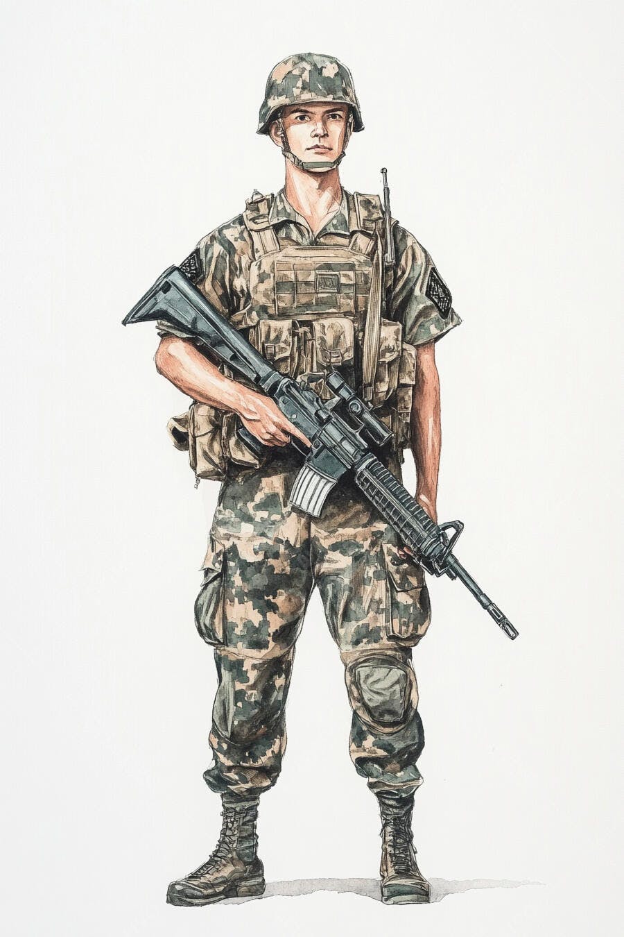 Jovem soldado em farda camuflada verde e marrom com rifle