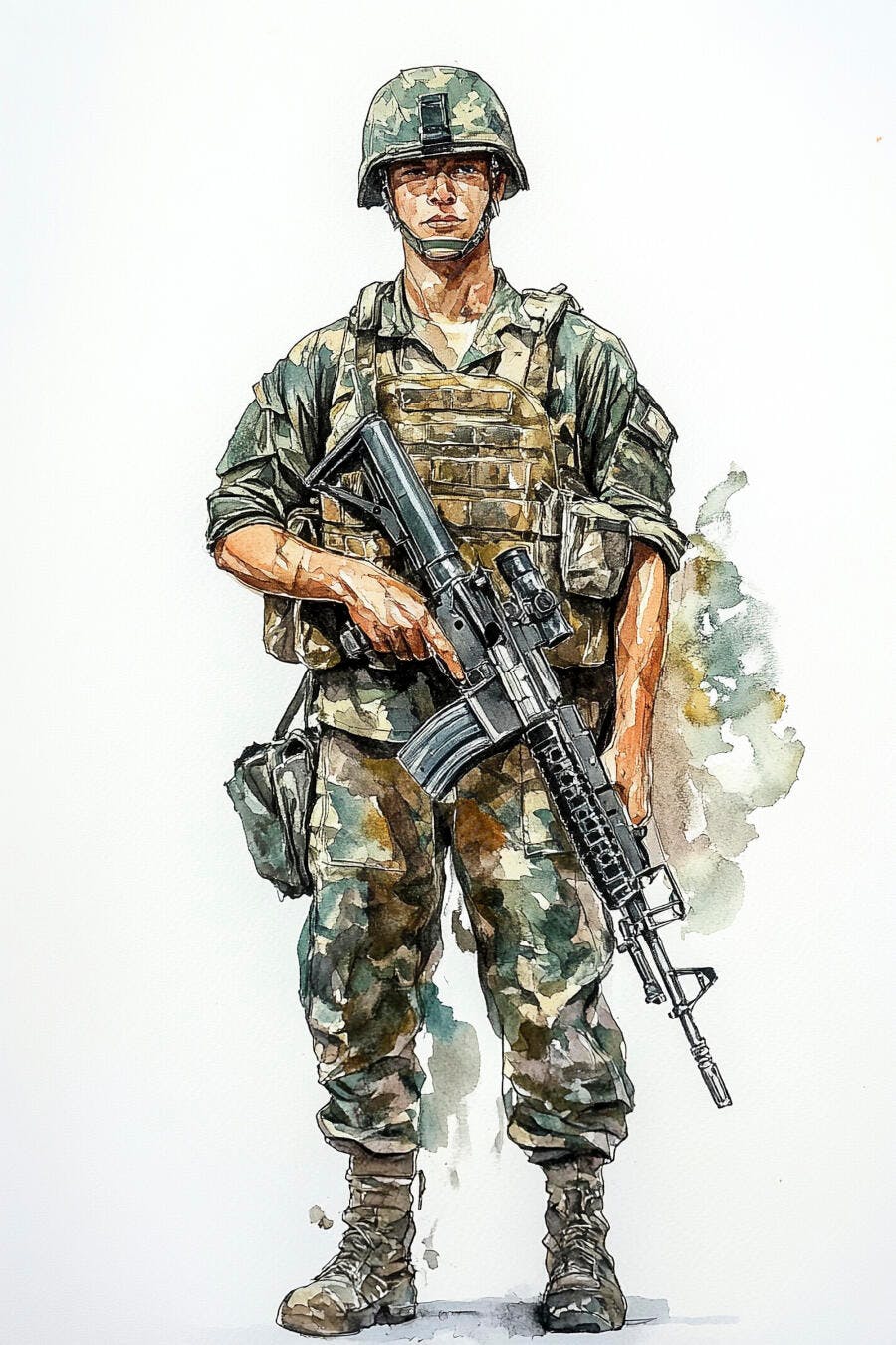 Soldado em uniforme de camuflagem com rifle ilustração aquarela verde e marrom