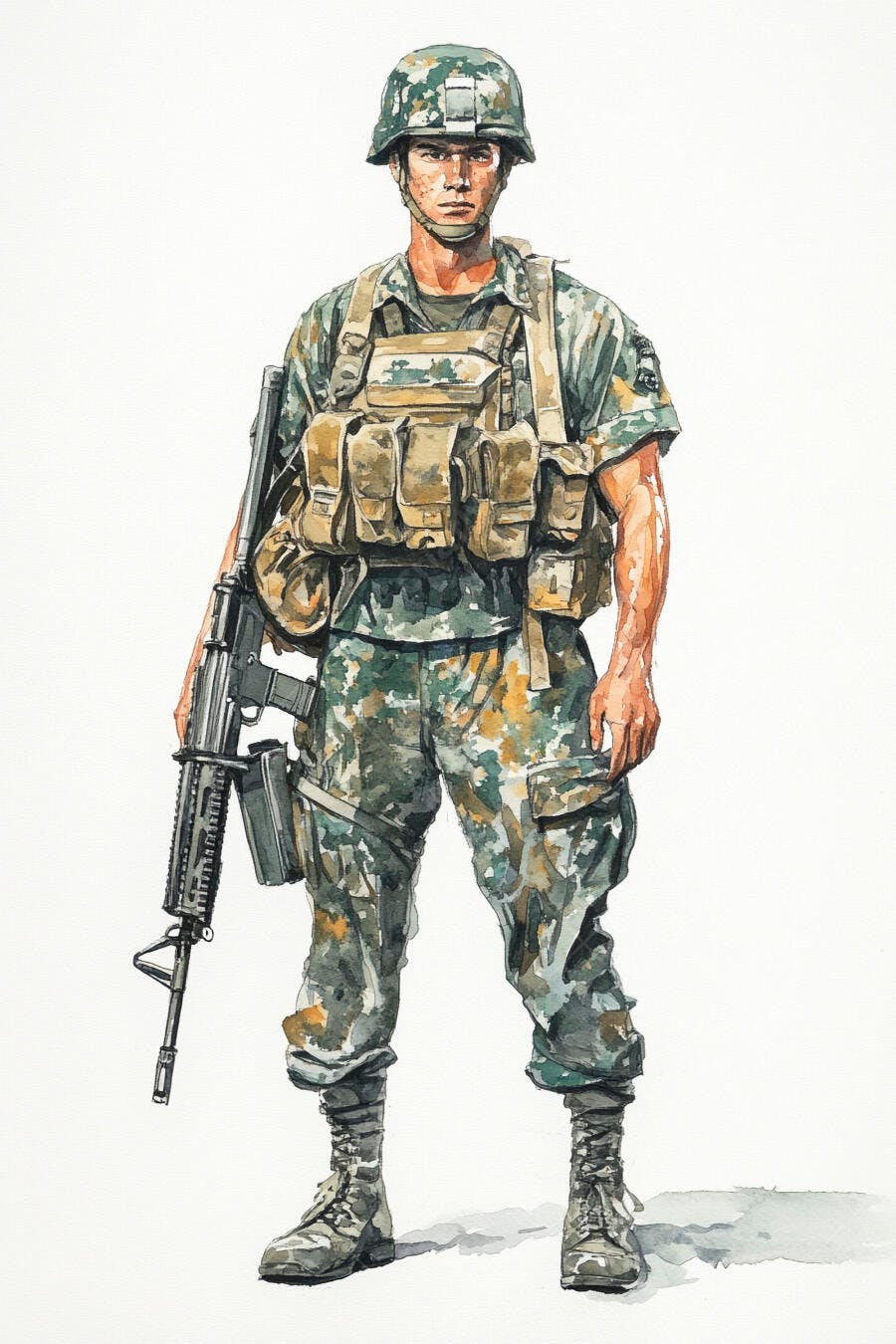Soldado homem asiático em uniforme camuflado com rifle e capacete fundo branco